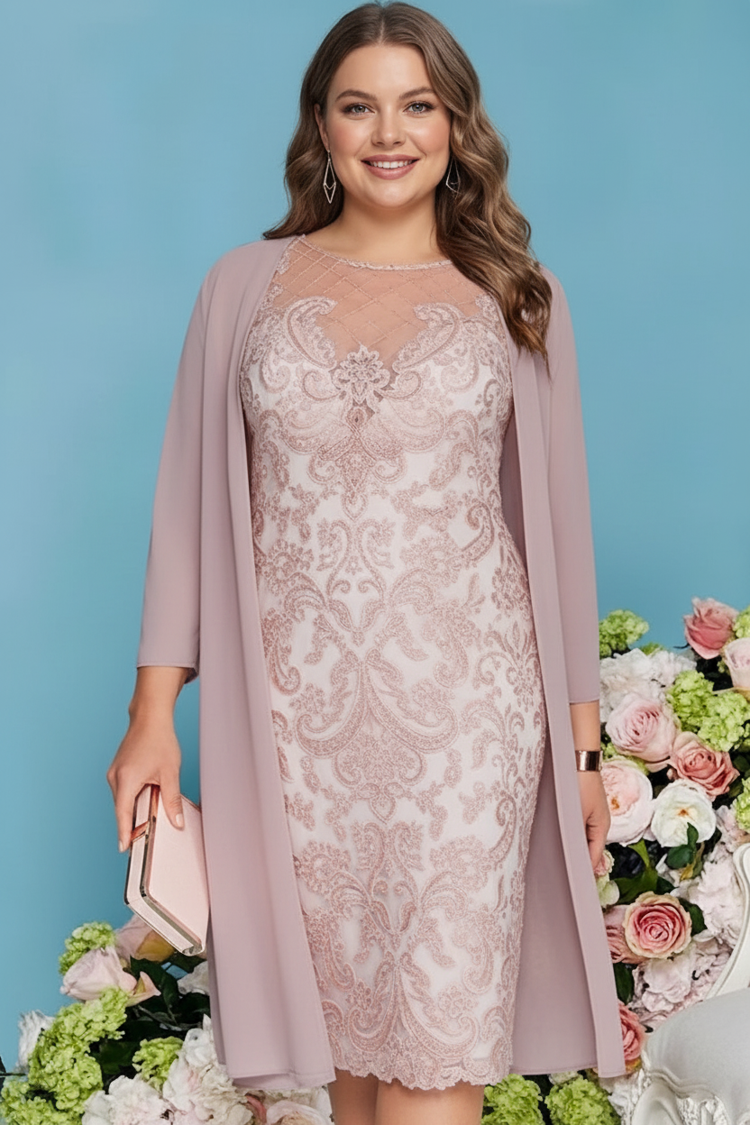 Sheath/Column Scoop Long Sleeves Knee-Length Plus Size Mother of the Bride Dresses with Lace Beading Appliques