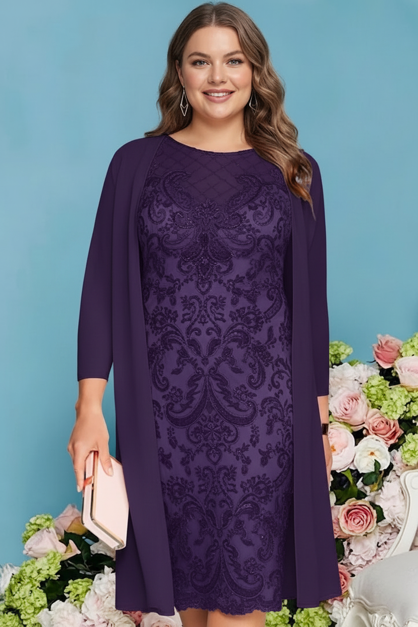 Sheath/Column Scoop Long Sleeves Knee-Length Plus Size Mother of the Bride Dresses with Lace Beading Appliques