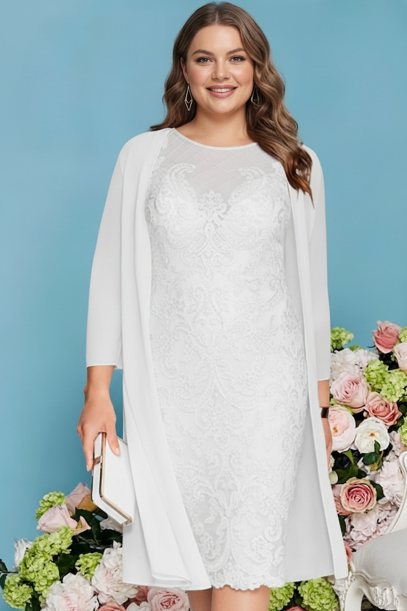 Sheath/Column Scoop Long Sleeves Knee-Length Plus Size Mother of the Bride Dresses with Lace Beading Appliques