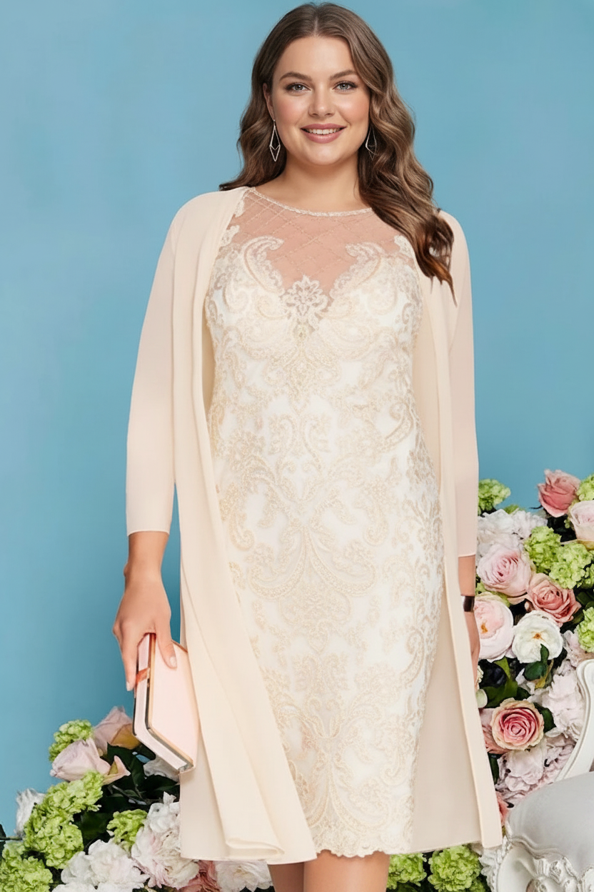 Sheath/Column Scoop Long Sleeves Knee-Length Plus Size Mother of the Bride Dresses with Lace Beading Appliques