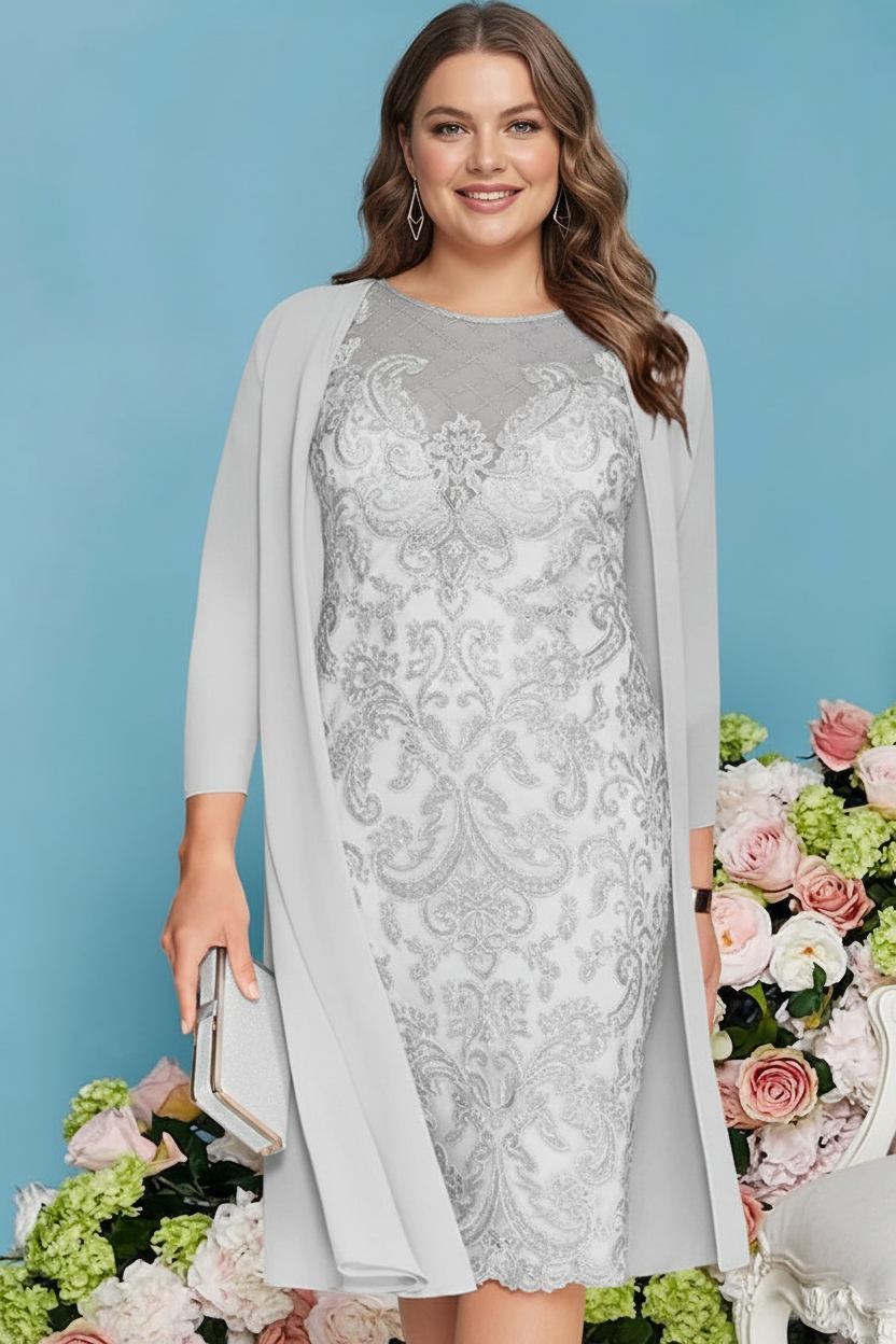 Sheath/Column Scoop Long Sleeves Knee-Length Plus Size Mother of the Bride Dresses with Lace Beading Appliques