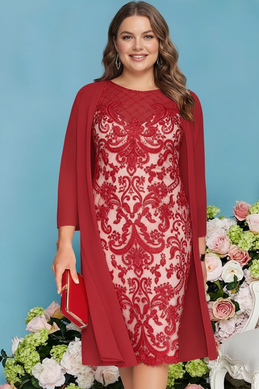 Sheath/Column Scoop Long Sleeves Knee-Length Plus Size Mother of the Bride Dresses with Lace Beading Appliques