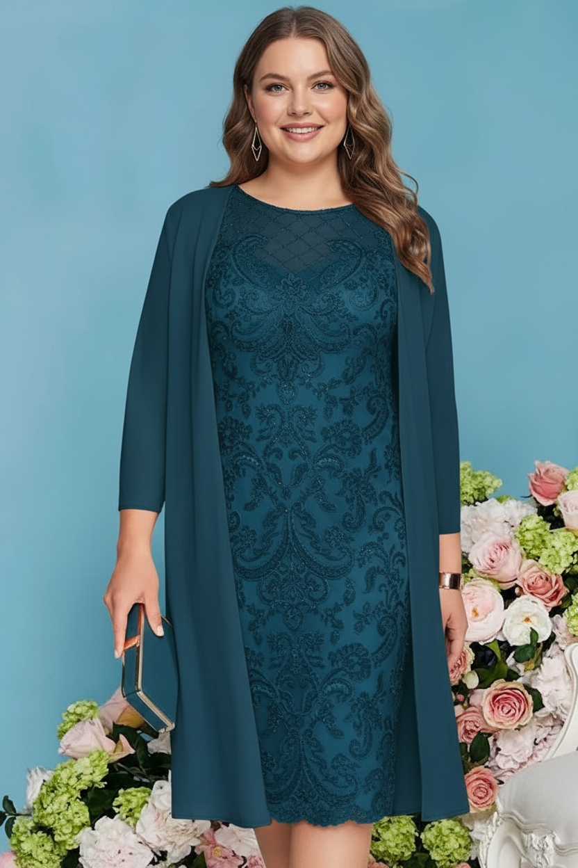 Sheath/Column Scoop Long Sleeves Knee-Length Plus Size Mother of the Bride Dresses with Lace Beading Appliques