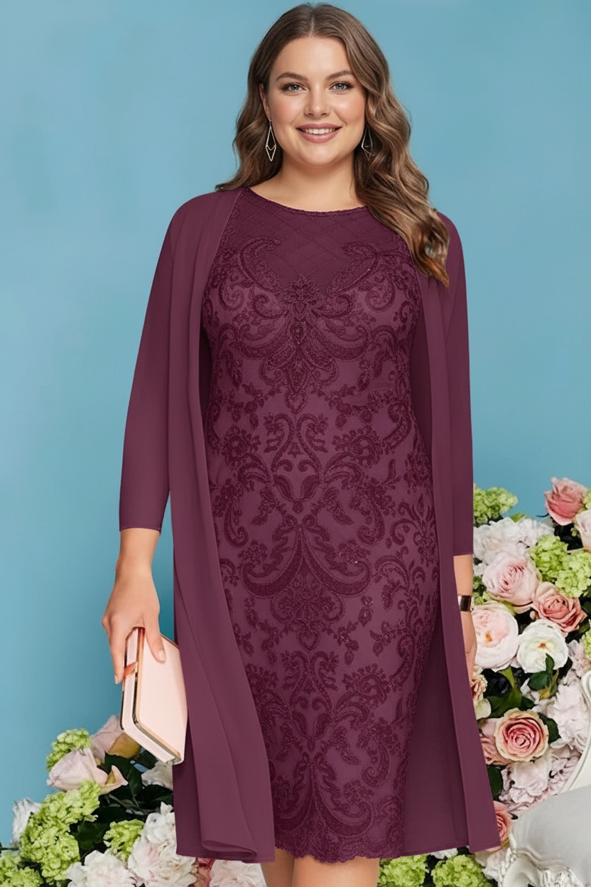 Sheath/Column Scoop Long Sleeves Knee-Length Plus Size Mother of the Bride Dresses with Lace Beading Appliques