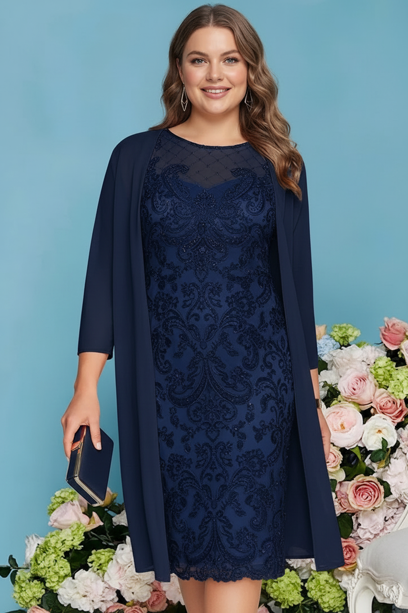 Sheath/Column Scoop Long Sleeves Knee-Length Plus Size Mother of the Bride Dresses with Lace Beading Appliques