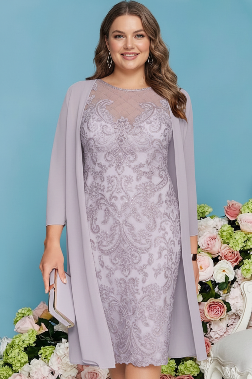 Sheath/Column Scoop Long Sleeves Knee-Length Plus Size Mother of the Bride Dresses with Lace Beading Appliques