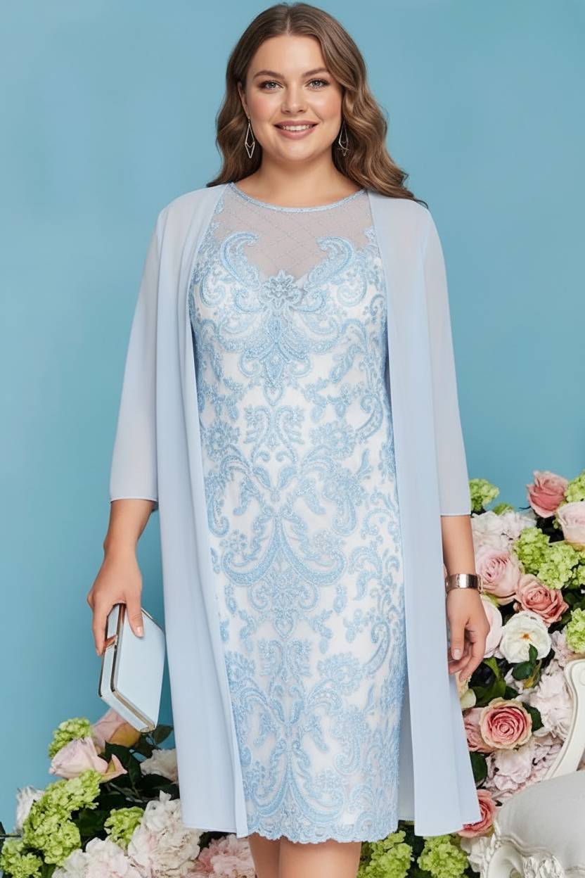 Sheath/Column Scoop Long Sleeves Knee-Length Plus Size Mother of the Bride Dresses with Lace Beading Appliques