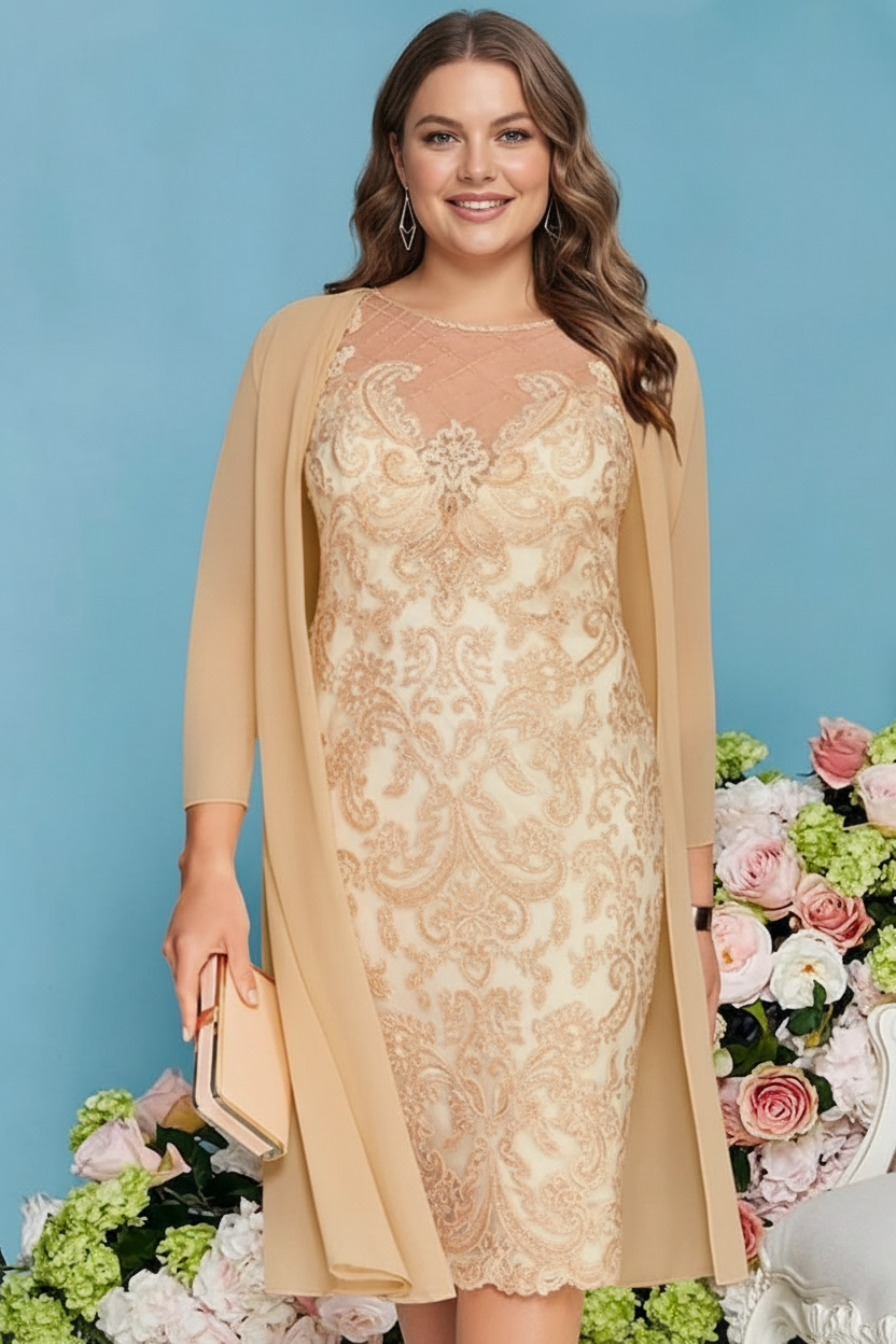 Sheath/Column Scoop Long Sleeves Knee-Length Plus Size Mother of the Bride Dresses with Lace Beading Appliques