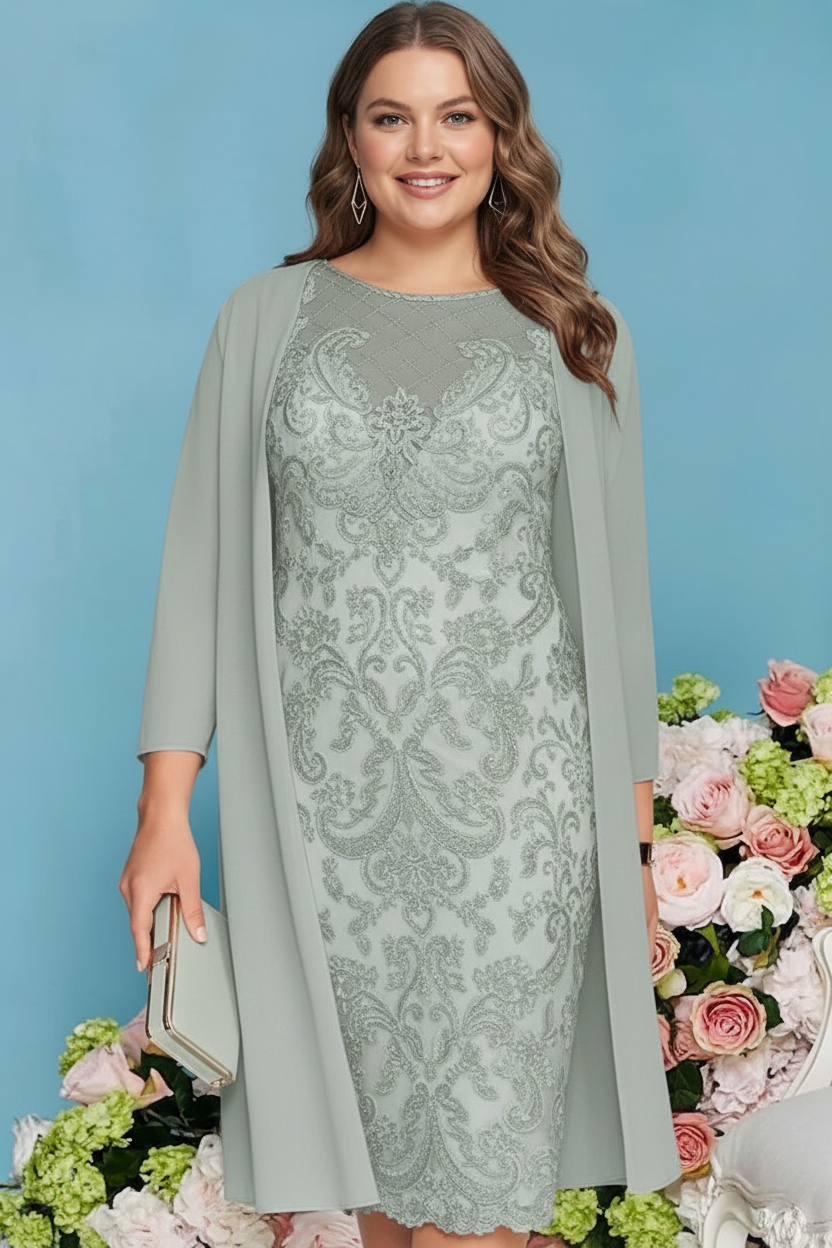 Sheath/Column Scoop Long Sleeves Knee-Length Plus Size Mother of the Bride Dresses with Lace Beading Appliques