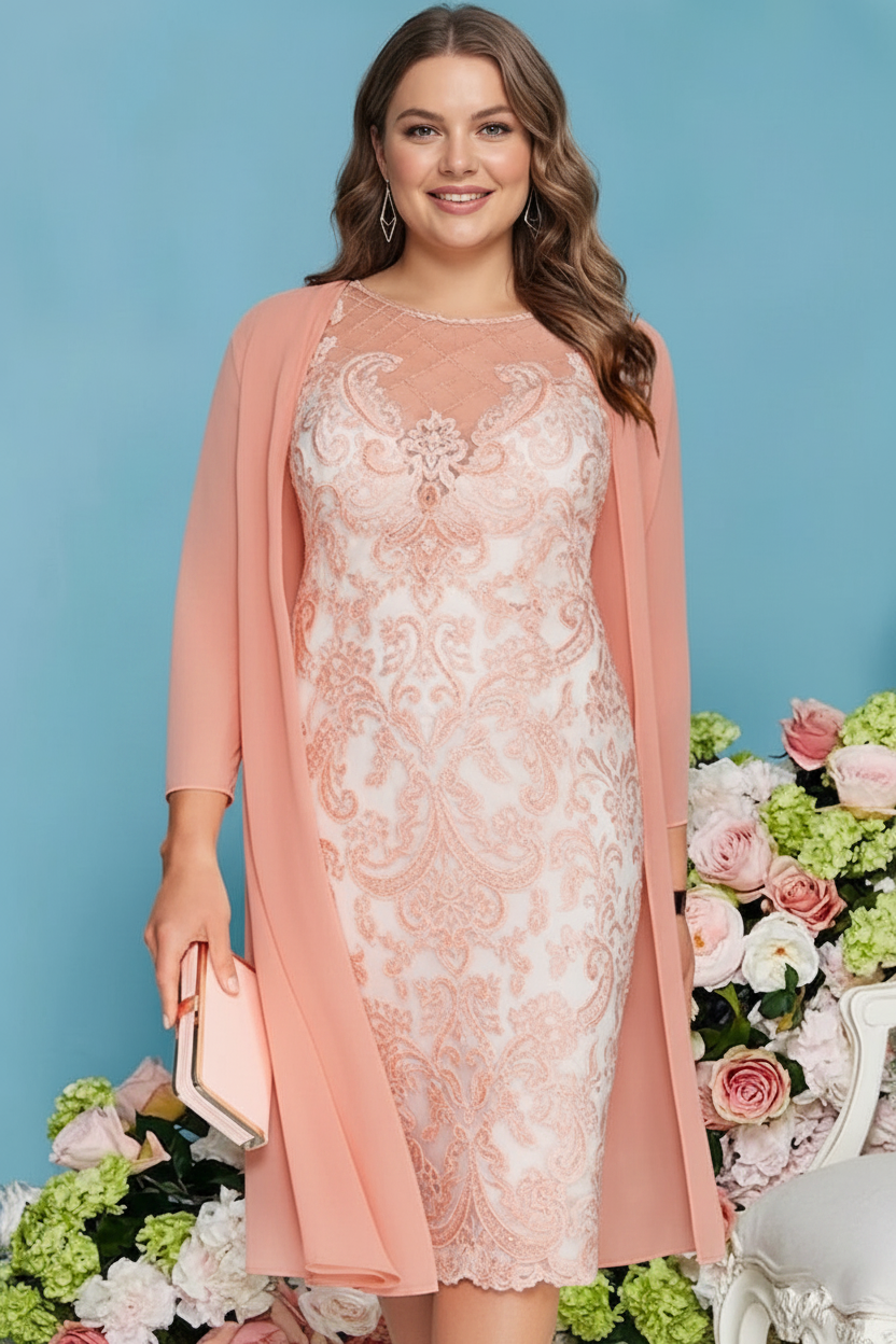 Sheath/Column Scoop Long Sleeves Knee-Length Plus Size Mother of the Bride Dresses with Lace Beading Appliques