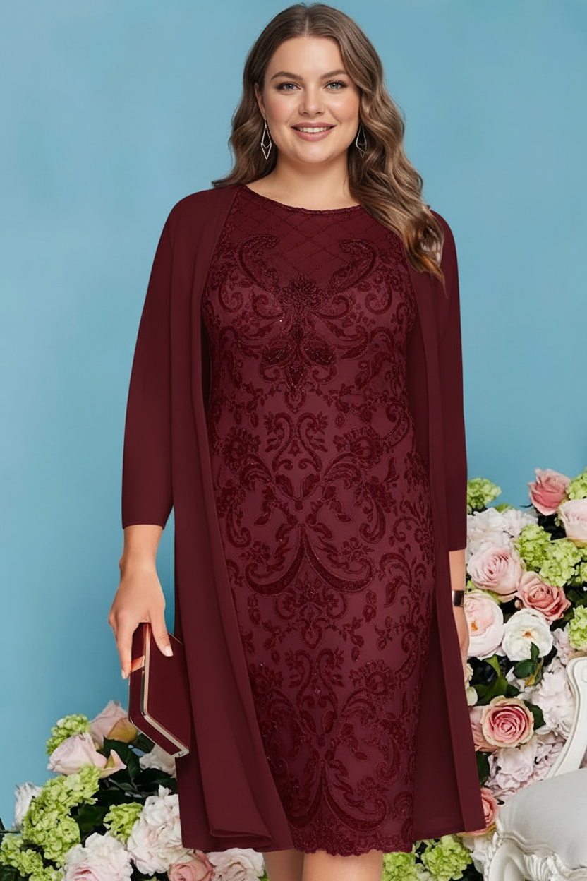 Sheath/Column Scoop Long Sleeves Knee-Length Plus Size Mother of the Bride Dresses with Lace Beading Appliques