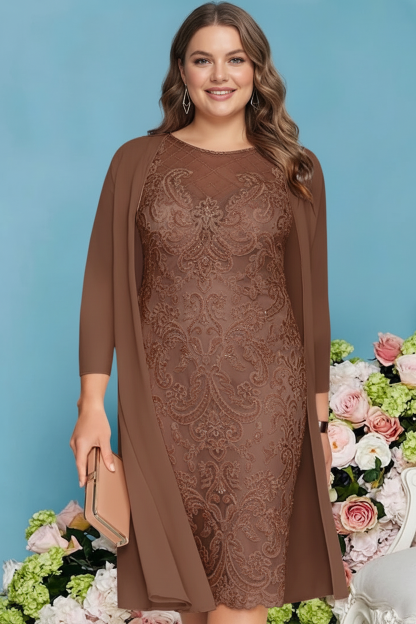 Sheath/Column Scoop Long Sleeves Knee-Length Plus Size Mother of the Bride Dresses with Lace Beading Appliques