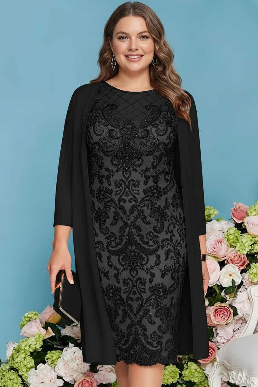 Sheath/Column Scoop Long Sleeves Knee-Length Plus Size Mother of the Bride Dresses with Lace Beading Appliques