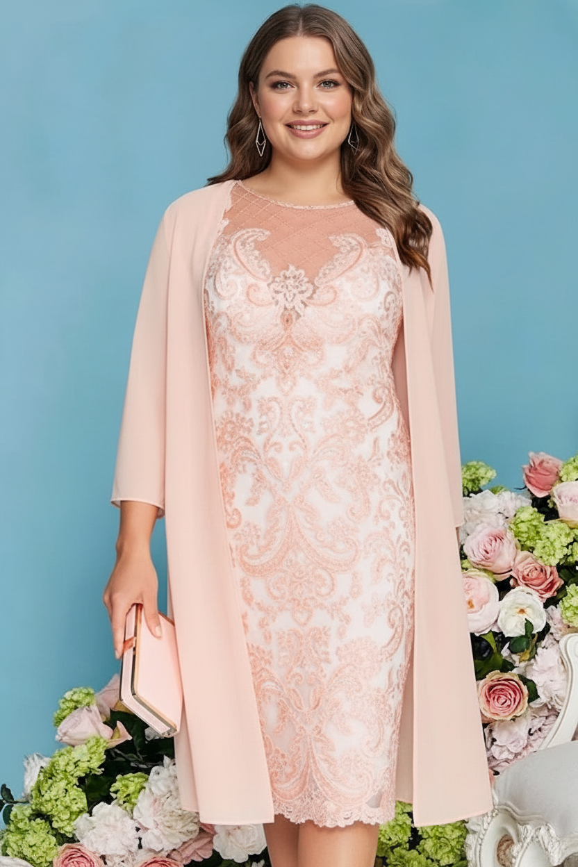 Sheath/Column Scoop Long Sleeves Knee-Length Plus Size Mother of the Bride Dresses with Lace Beading Appliques