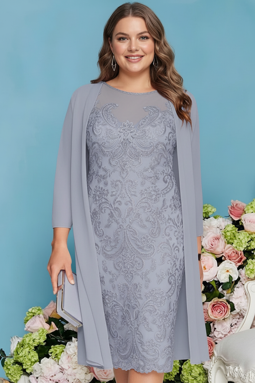 Sheath/Column Scoop Long Sleeves Knee-Length Plus Size Mother of the Bride Dresses with Lace Beading Appliques