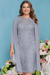 Sheath/Column Scoop Long Sleeves Knee-Length Plus Size Mother of the Bride Dresses with Lace Beading Appliques