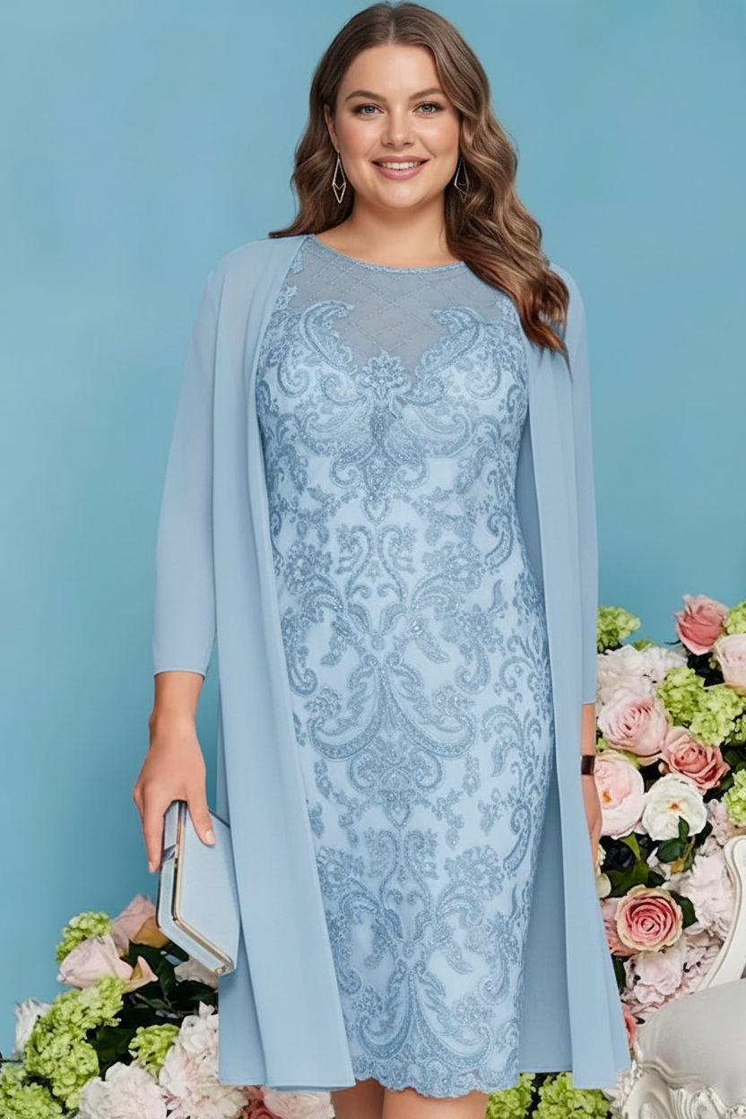 Sheath/Column Scoop Long Sleeves Knee-Length Plus Size Mother of the Bride Dresses with Lace Beading Appliques