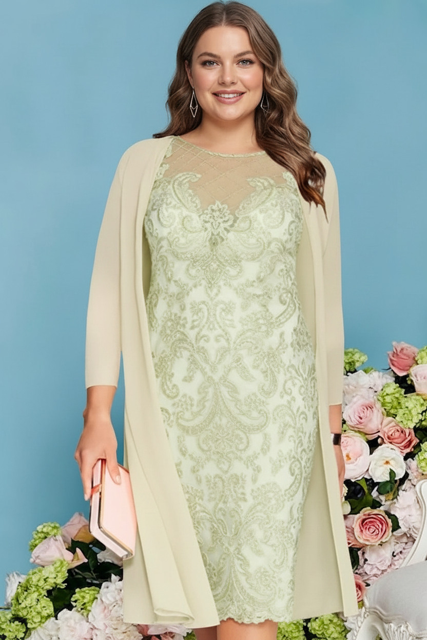 Sheath/Column Scoop Long Sleeves Knee-Length Plus Size Mother of the Bride Dresses with Lace Beading Appliques