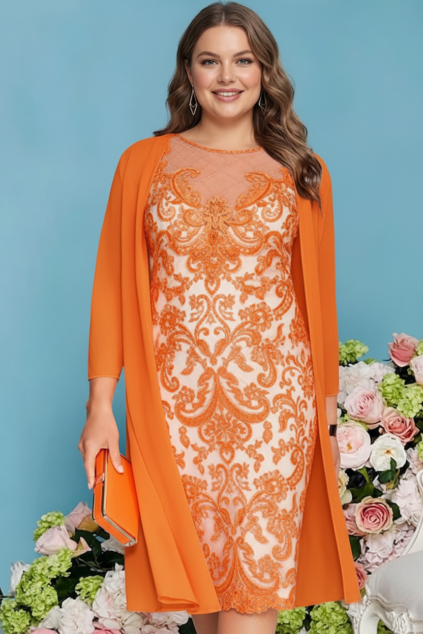 Sheath/Column Scoop Long Sleeves Knee-Length Plus Size Mother of the Bride Dresses with Lace Beading Appliques