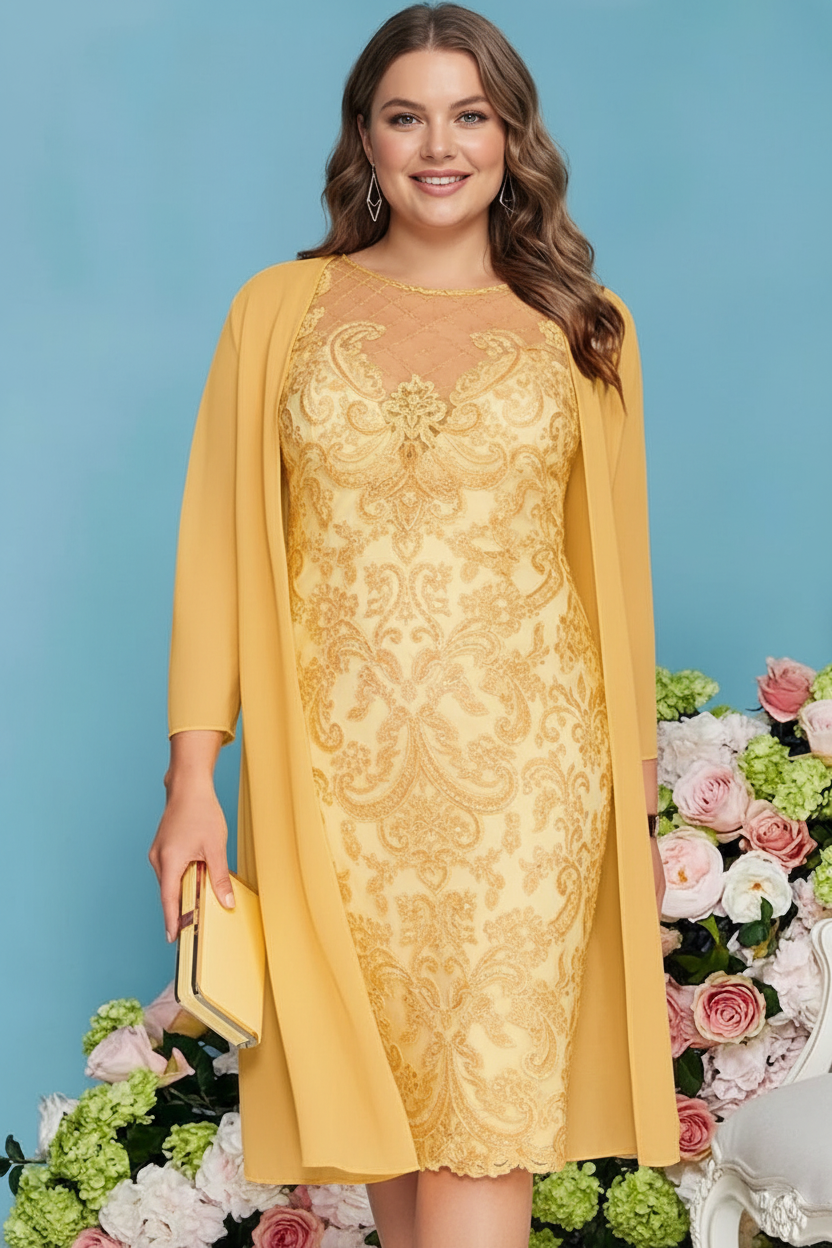 Sheath/Column Scoop Long Sleeves Knee-Length Plus Size Mother of the Bride Dresses with Lace Beading Appliques