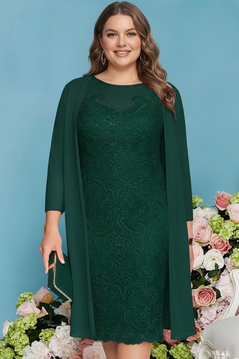 Sheath/Column Scoop Long Sleeves Knee-Length Plus Size Mother of the Bride Dresses with Lace Beading Appliques