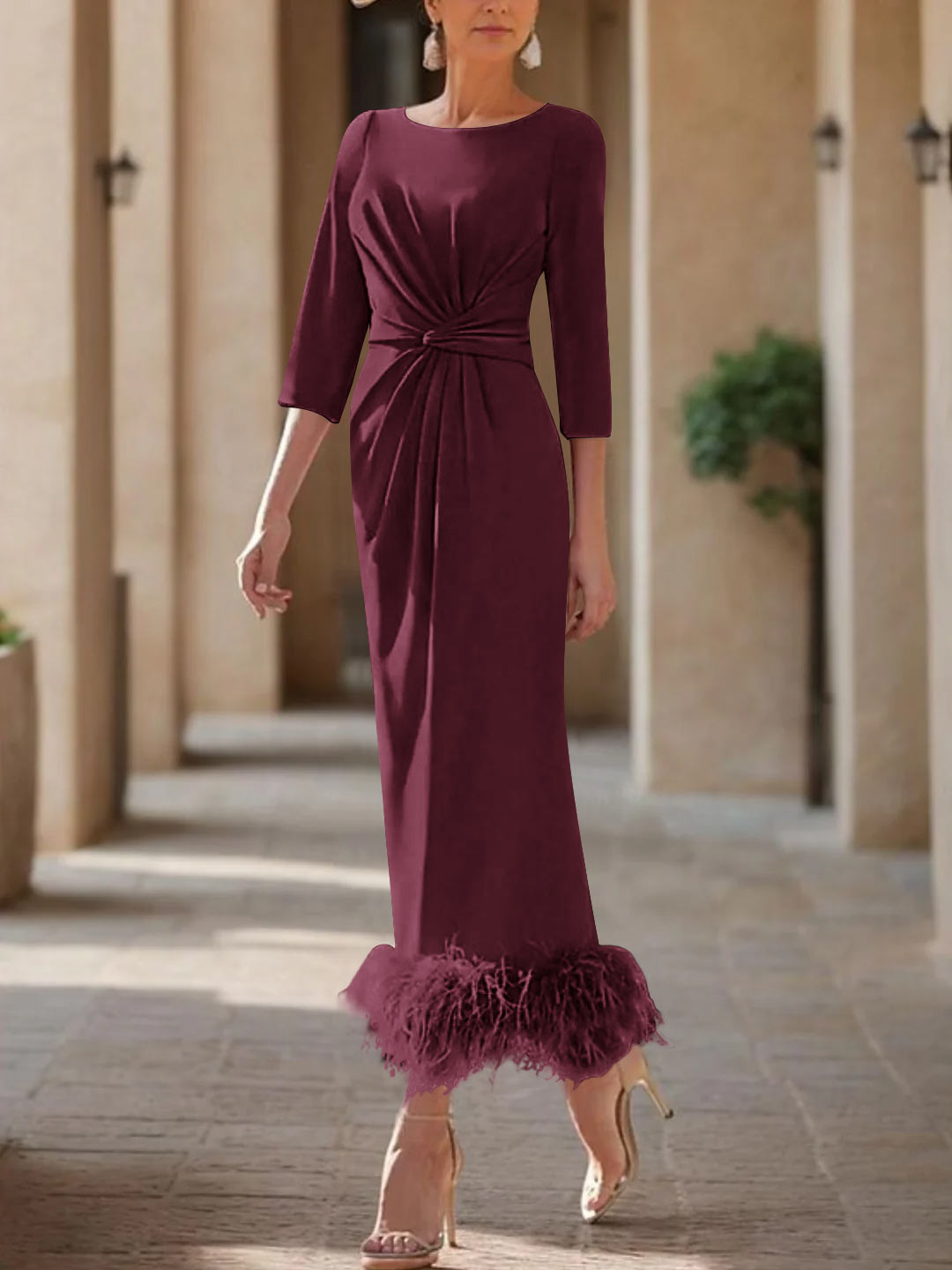 Sheath/Column Scoop Neck Ankle Length Elegant Mother of the Bride & Groom Dresses with Feather