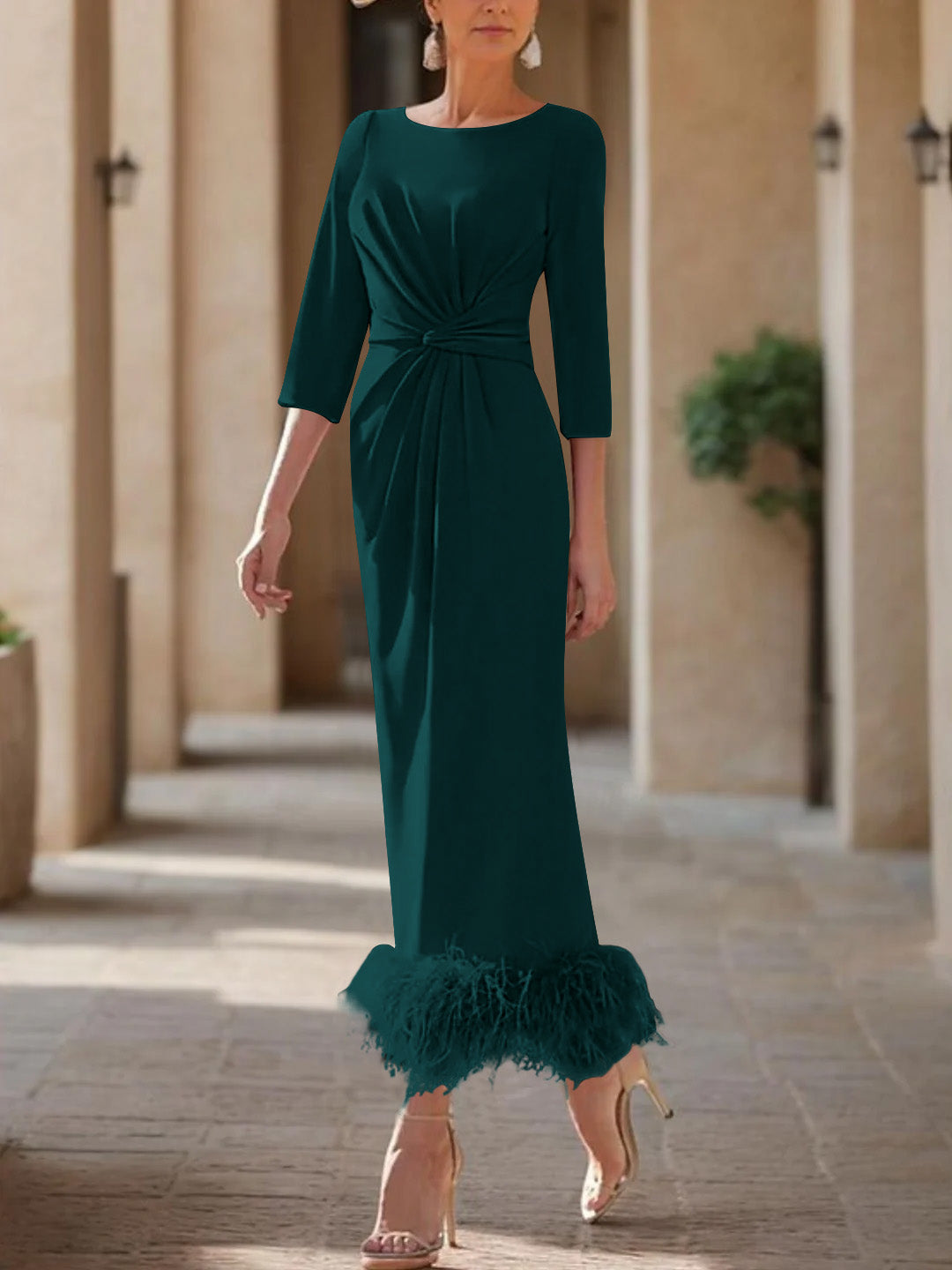 Sheath/Column Scoop Neck Ankle Length Elegant Mother of the Bride & Groom Dresses with Feather