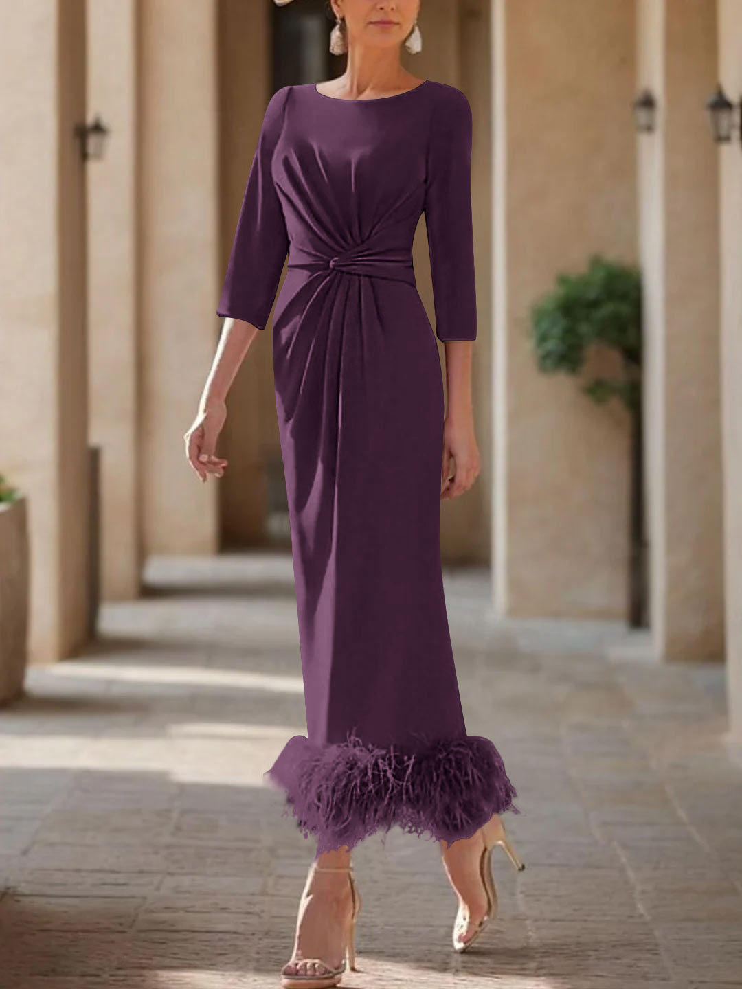 Sheath/Column Scoop Neck Ankle Length Elegant Mother of the Bride & Groom Dresses with Feather