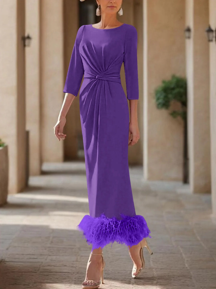 Sheath/Column Scoop Neck Ankle Length Elegant Mother of the Bride & Groom Dresses with Feather