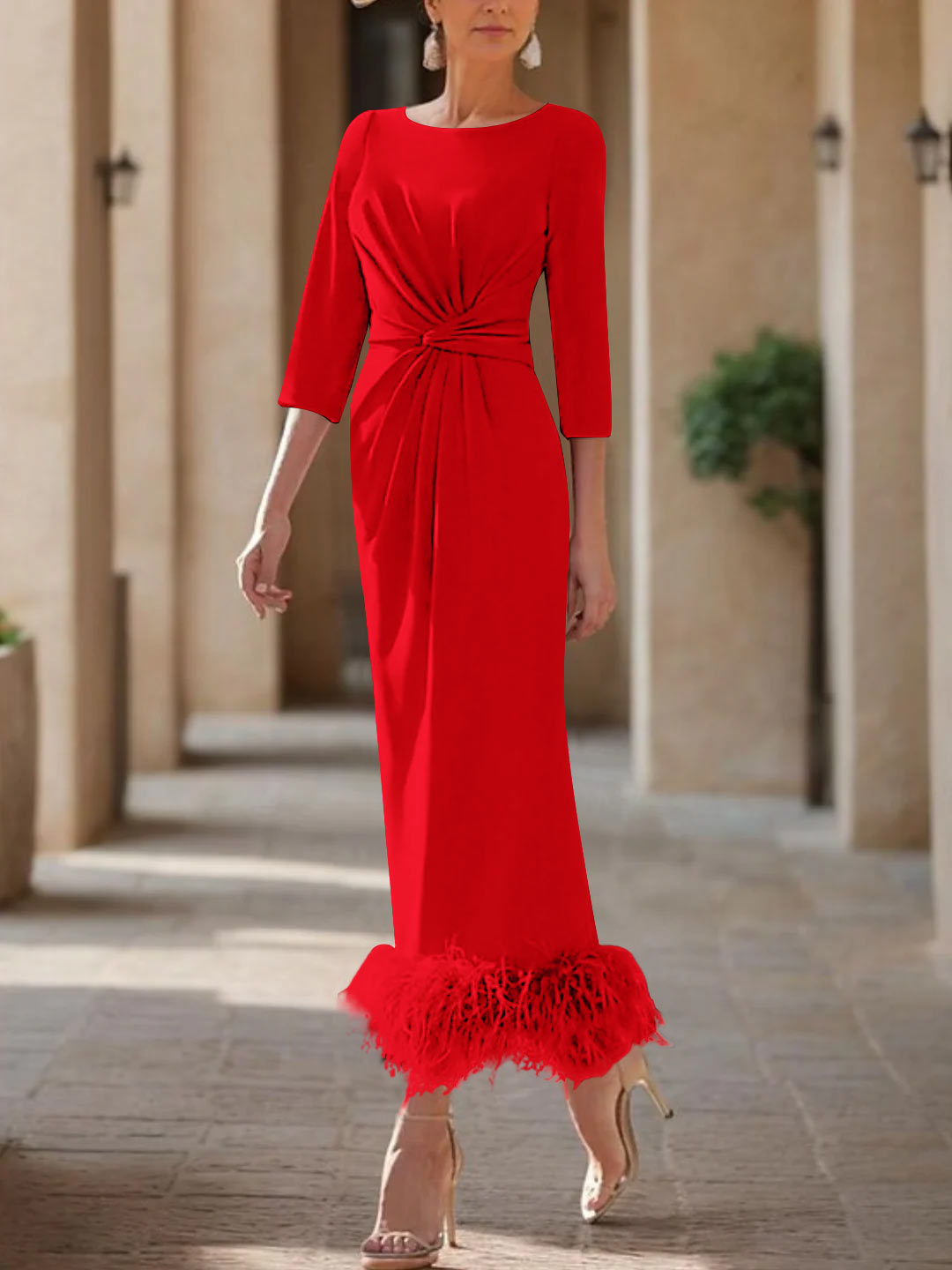 Sheath/Column Scoop Neck Ankle Length Elegant Mother of the Bride & Groom Dresses with Feather