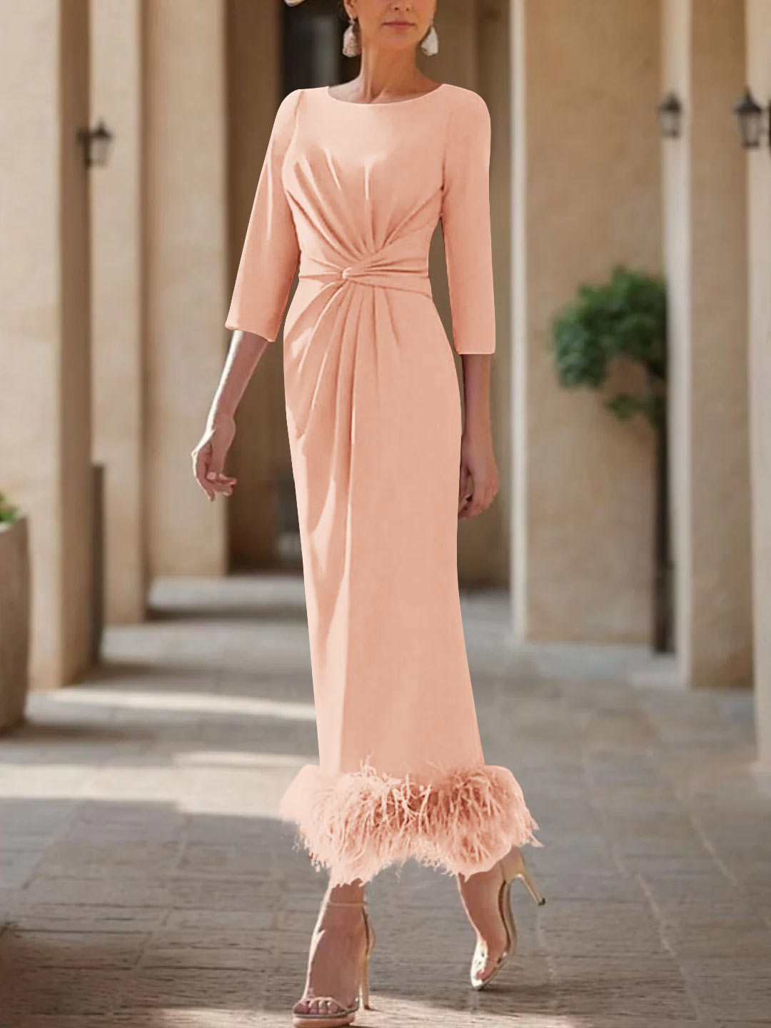 Sheath/Column Scoop Neck Ankle Length Elegant Mother of the Bride & Groom Dresses with Feather