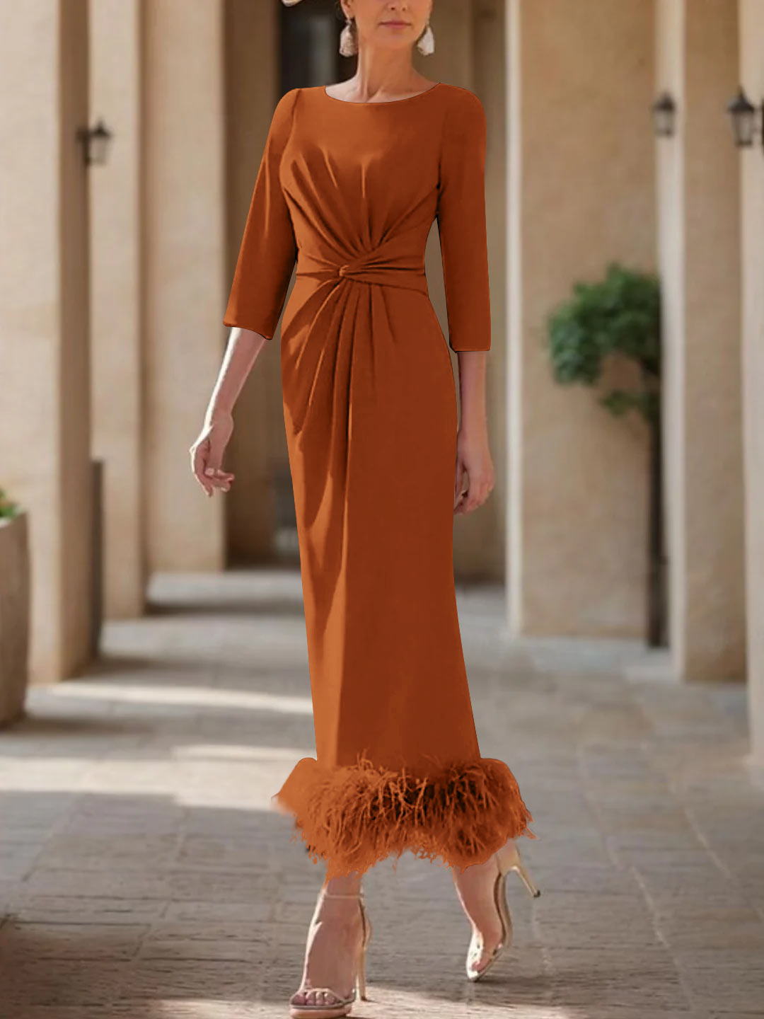 Sheath/Column Scoop Neck Ankle Length Elegant Mother of the Bride & Groom Dresses with Feather