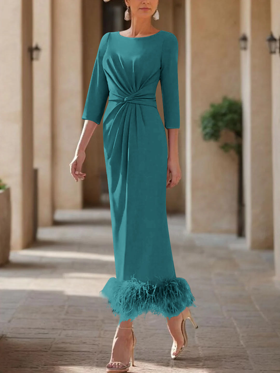 Sheath/Column Scoop Neck Ankle Length Elegant Mother of the Bride & Groom Dresses with Feather