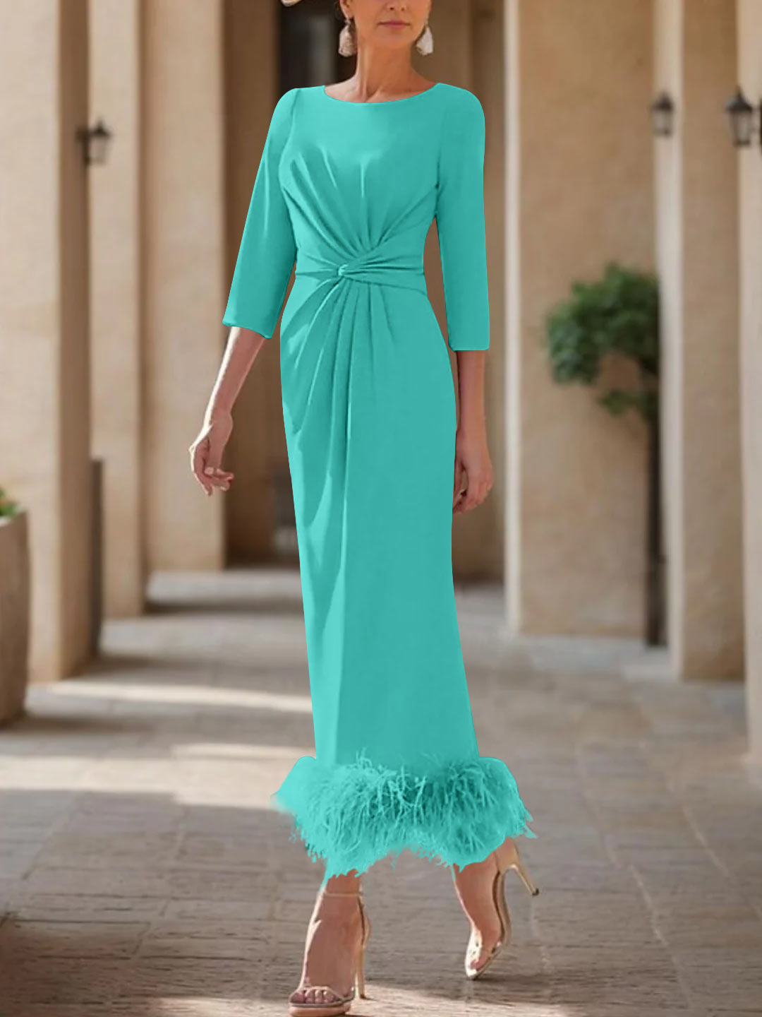 Sheath/Column Scoop Neck Ankle Length Elegant Mother of the Bride & Groom Dresses with Feather
