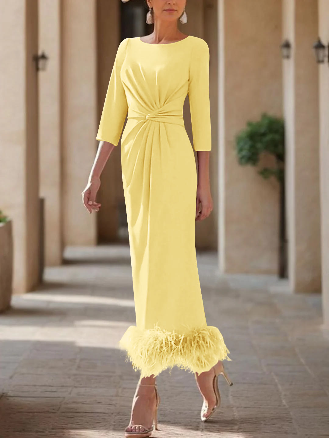Sheath/Column Scoop Neck Ankle Length Elegant Mother of the Bride & Groom Dresses with Feather