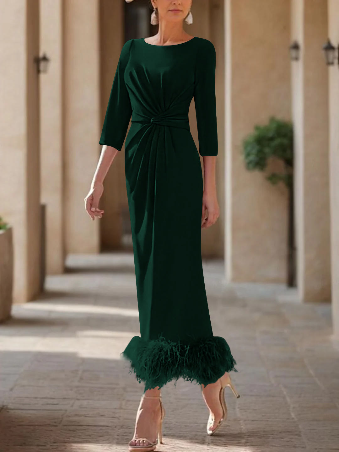Sheath/Column Scoop Neck Ankle Length Elegant Mother of the Bride & Groom Dresses with Feather