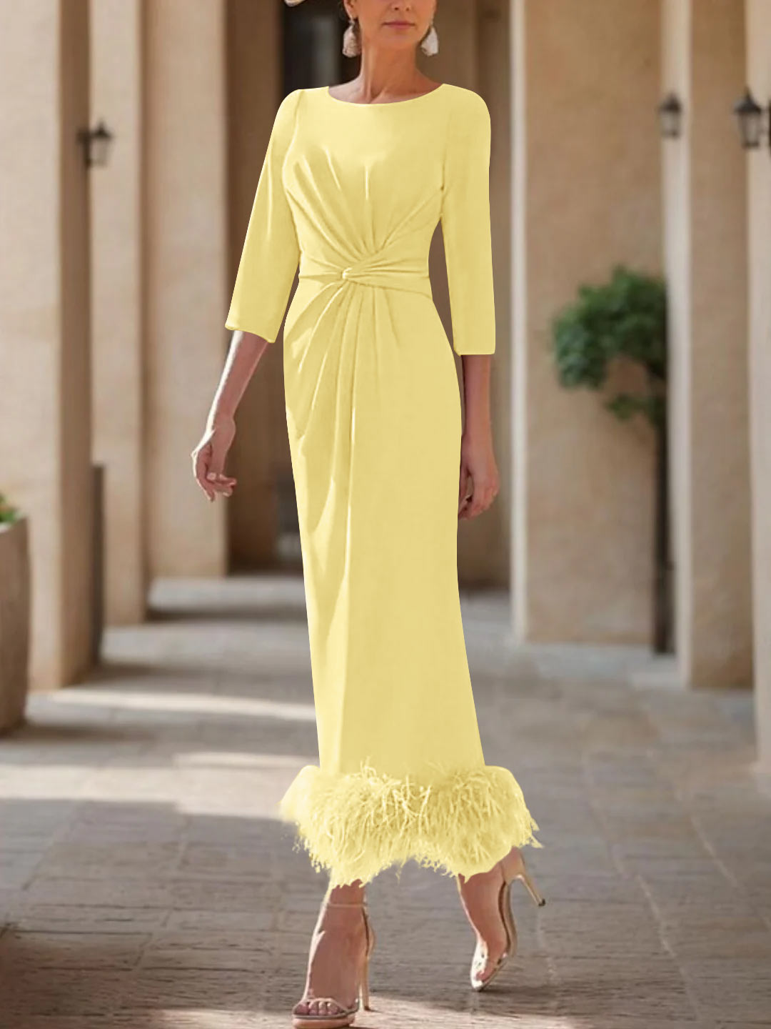 Sheath/Column Scoop Neck Ankle Length Elegant Mother of the Bride & Groom Dresses with Feather