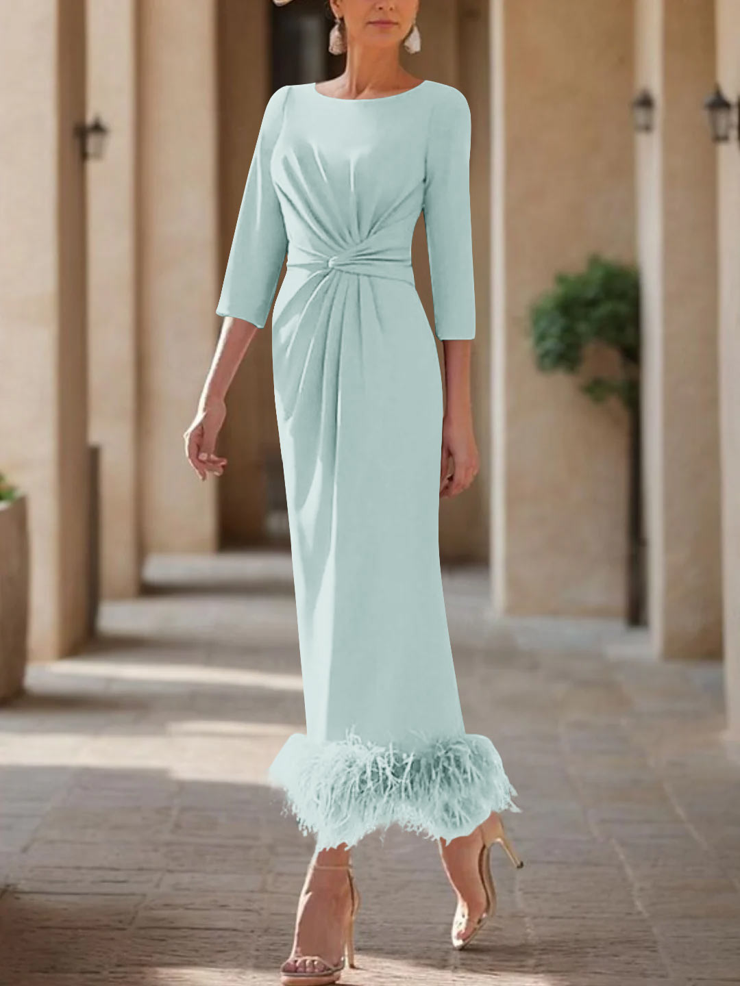 Sheath/Column Scoop Neck Ankle Length Elegant Mother of the Bride & Groom Dresses with Feather