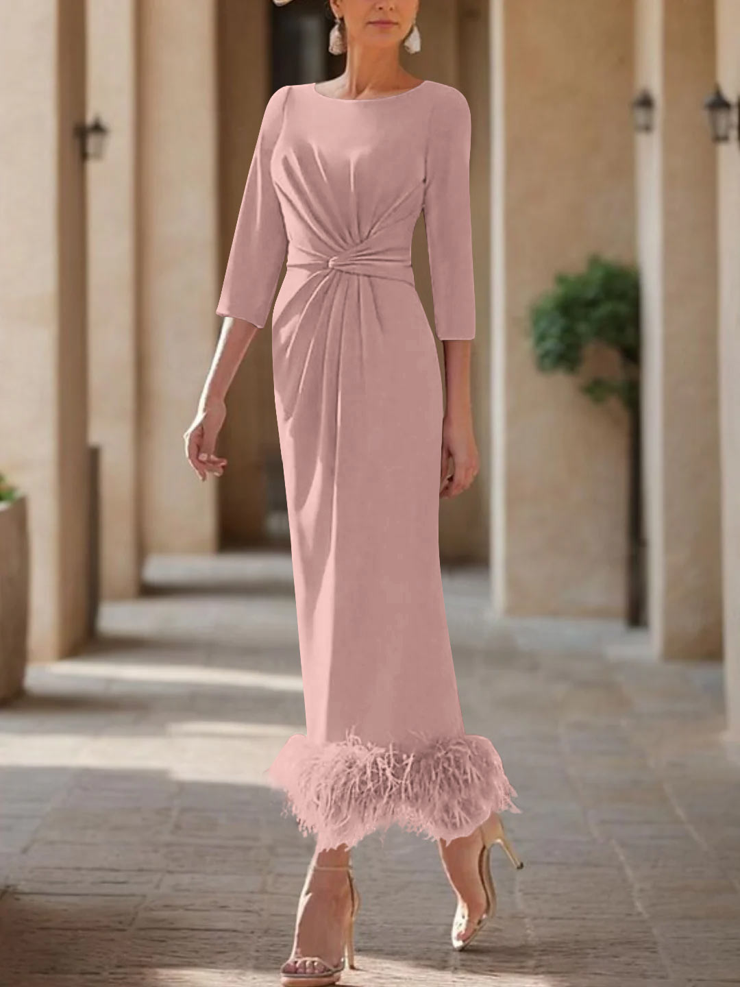 Sheath/Column Scoop Neck Ankle Length Elegant Mother of the Bride & Groom Dresses with Feather