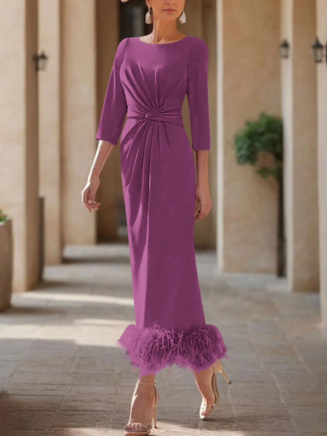 Sheath/Column Scoop Neck Ankle Length Elegant Mother of the Bride & Groom Dresses with Feather