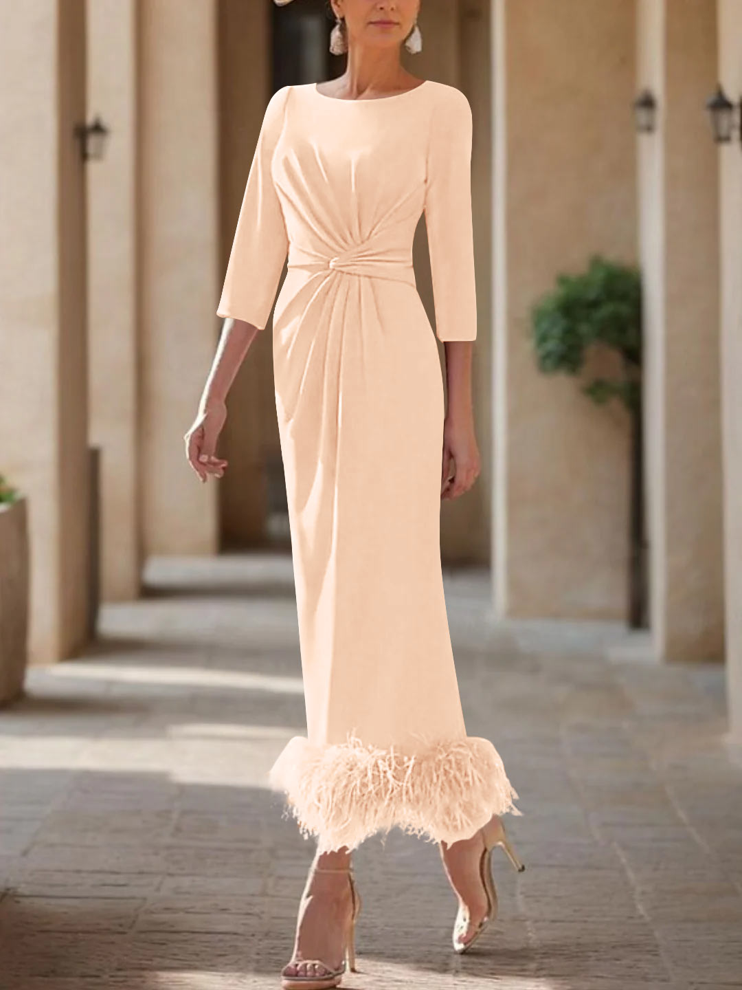 Sheath/Column Scoop Neck Ankle Length Elegant Mother of the Bride & Groom Dresses with Feather