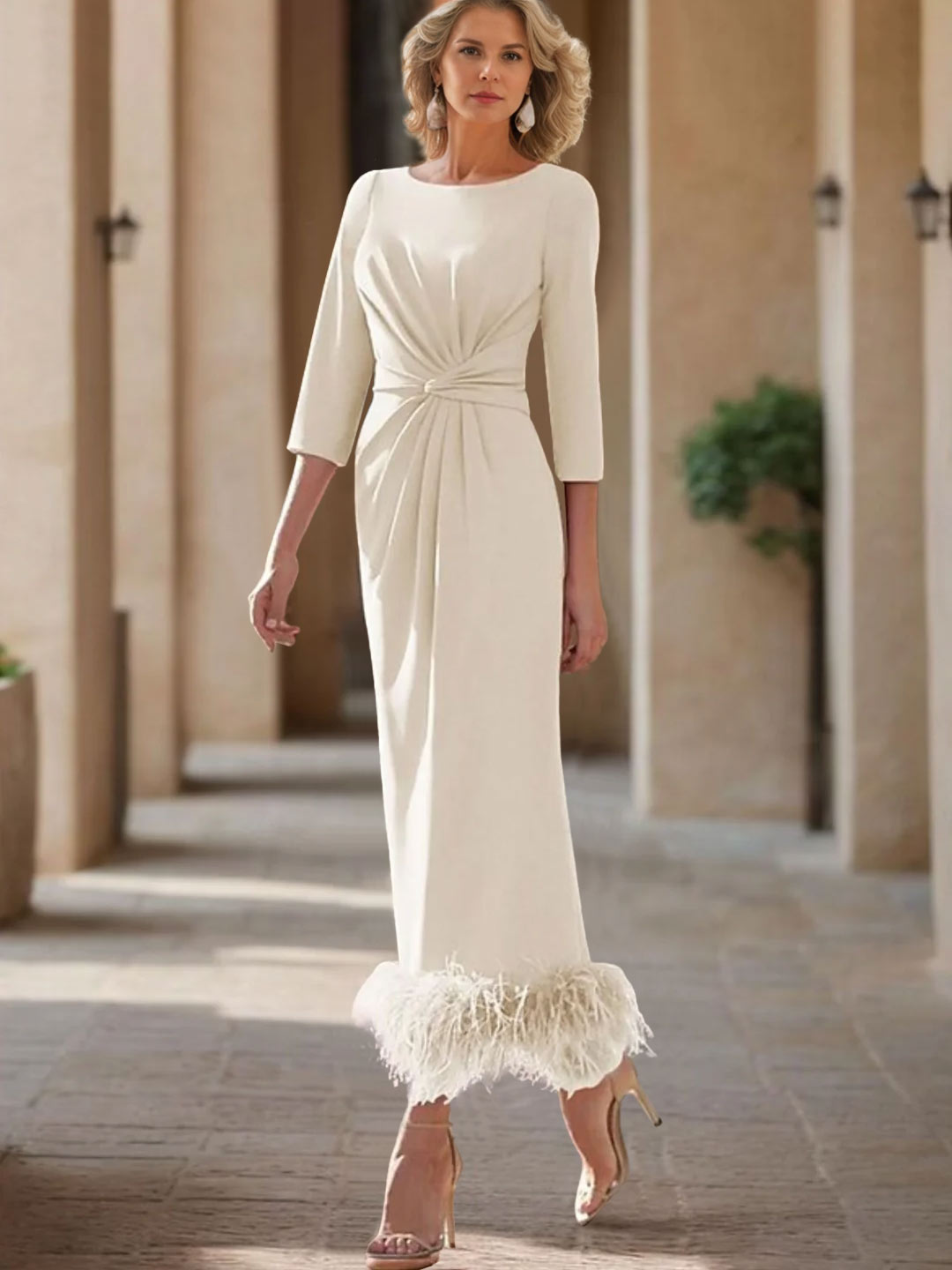 Sheath/Column Scoop Neck Ankle Length Elegant Mother of the Bride & Groom Dresses with Feather