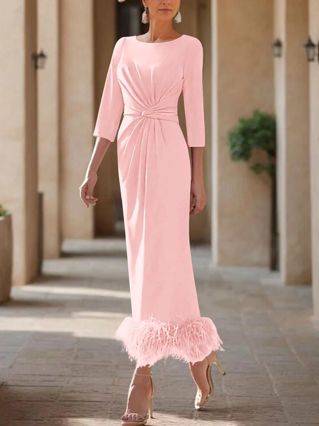 Sheath/Column Scoop Neck Ankle Length Elegant Mother of the Bride & Groom Dresses with Feather