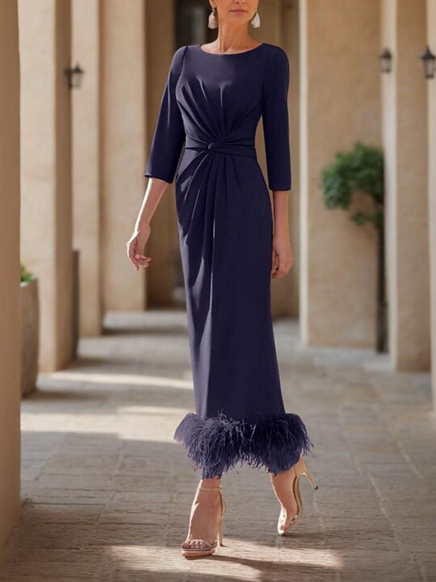 Sheath/Column Scoop Neck Ankle Length Elegant Mother of the Bride & Groom Dresses with Feather