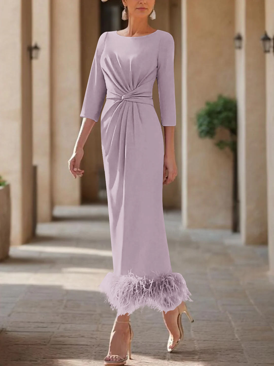 Sheath/Column Scoop Neck Ankle Length Elegant Mother of the Bride & Groom Dresses with Feather