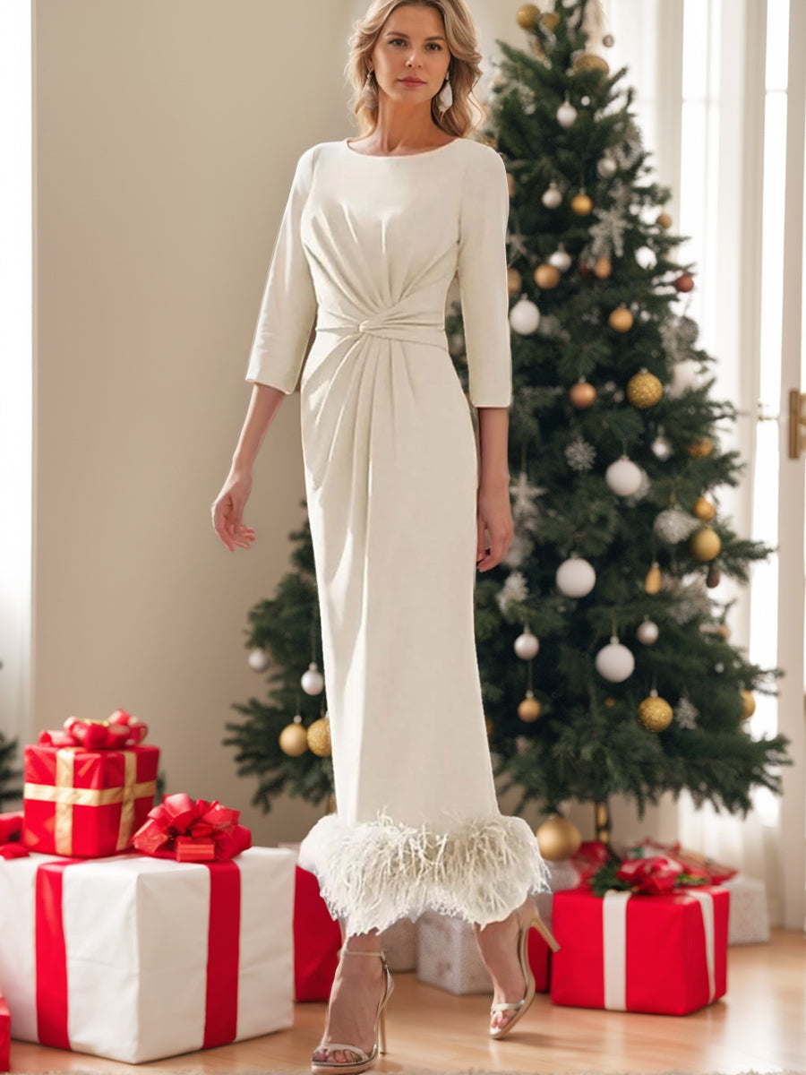 Sheath/Column Scoop Neck Ankle Length Elegant Mother of the Bride & Groom Dresses with Feather