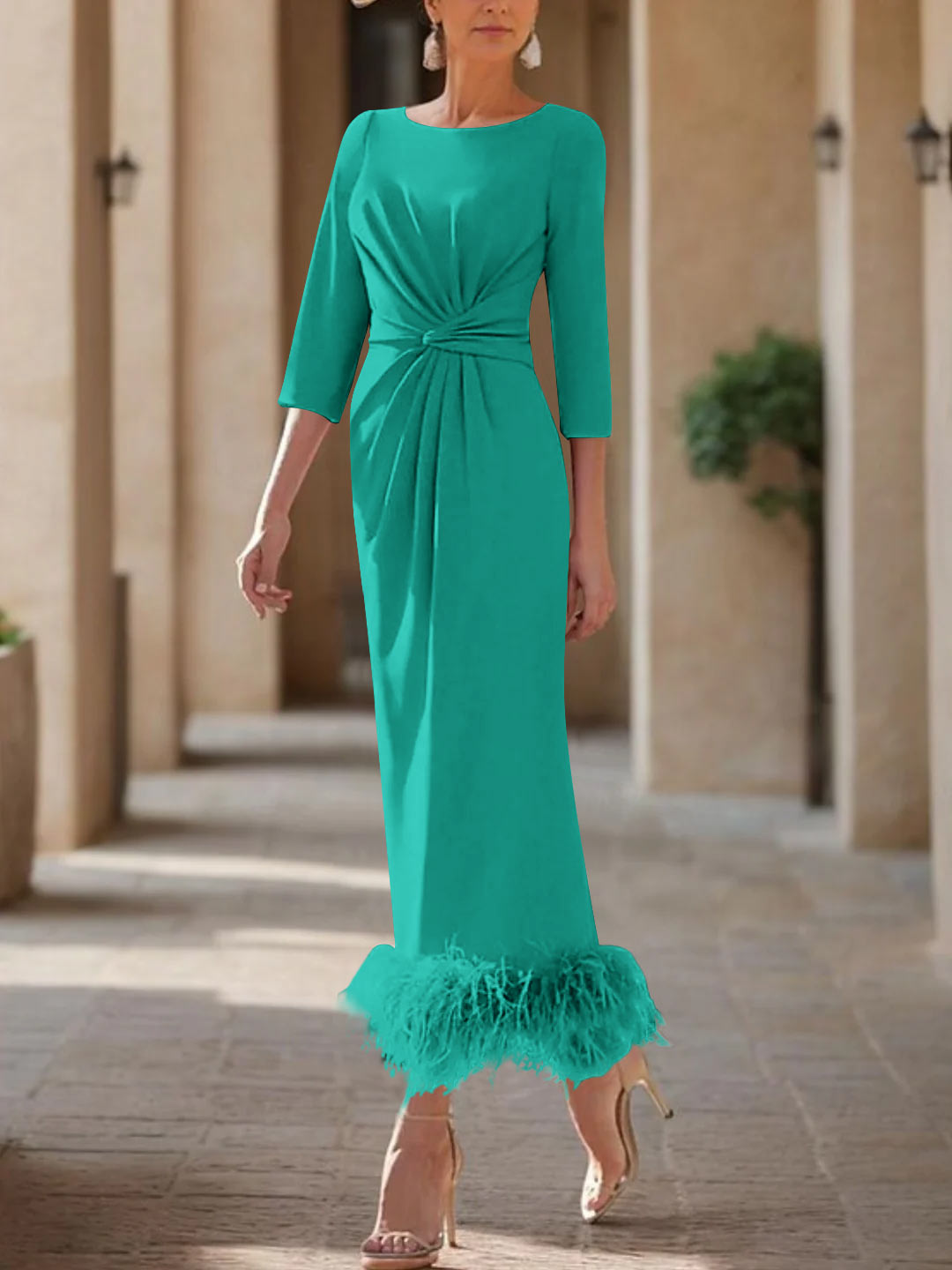 Sheath/Column Scoop Neck Ankle Length Elegant Mother of the Bride & Groom Dresses with Feather