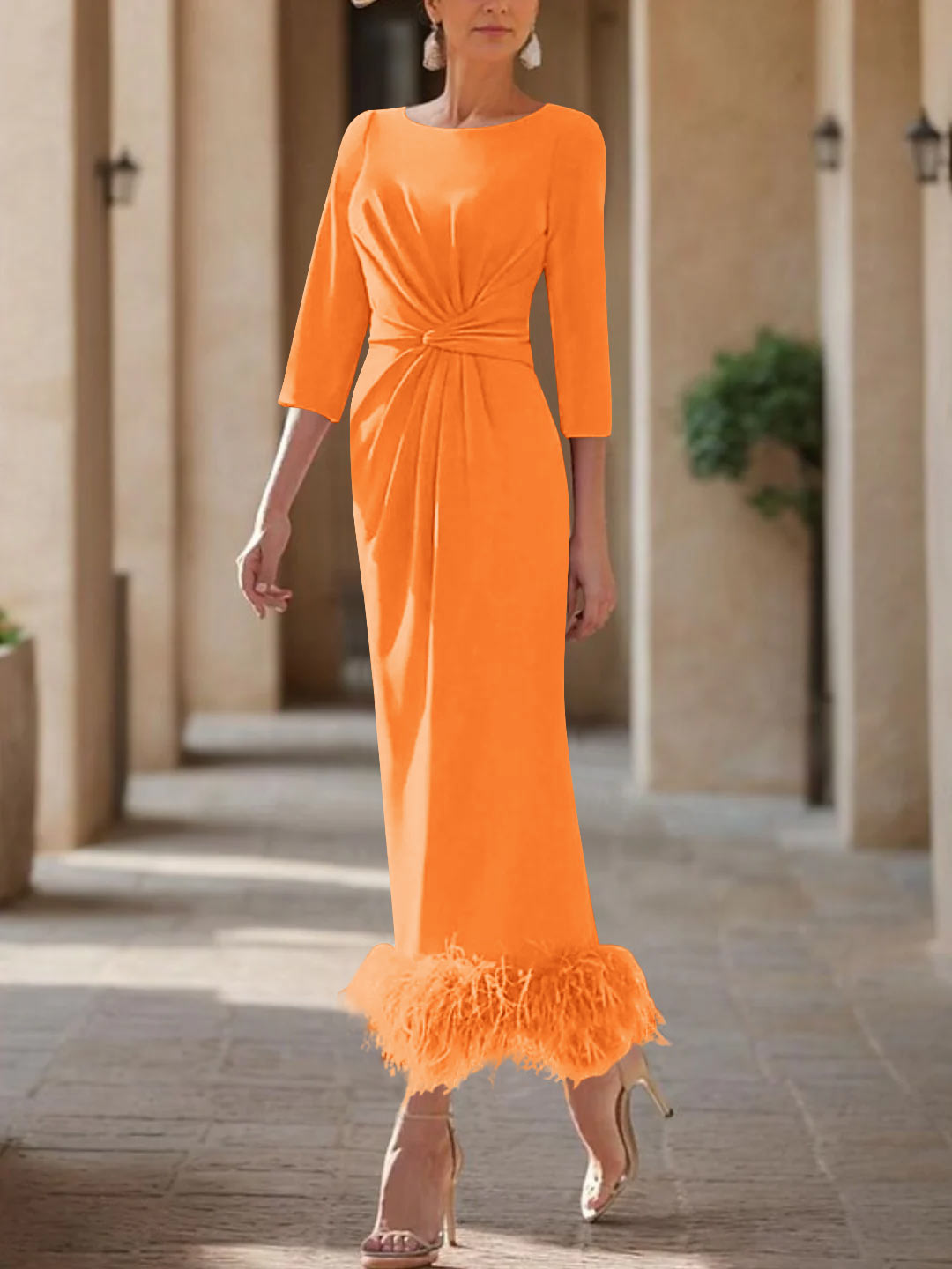 Sheath/Column Scoop Neck Ankle Length Elegant Mother of the Bride & Groom Dresses with Feather