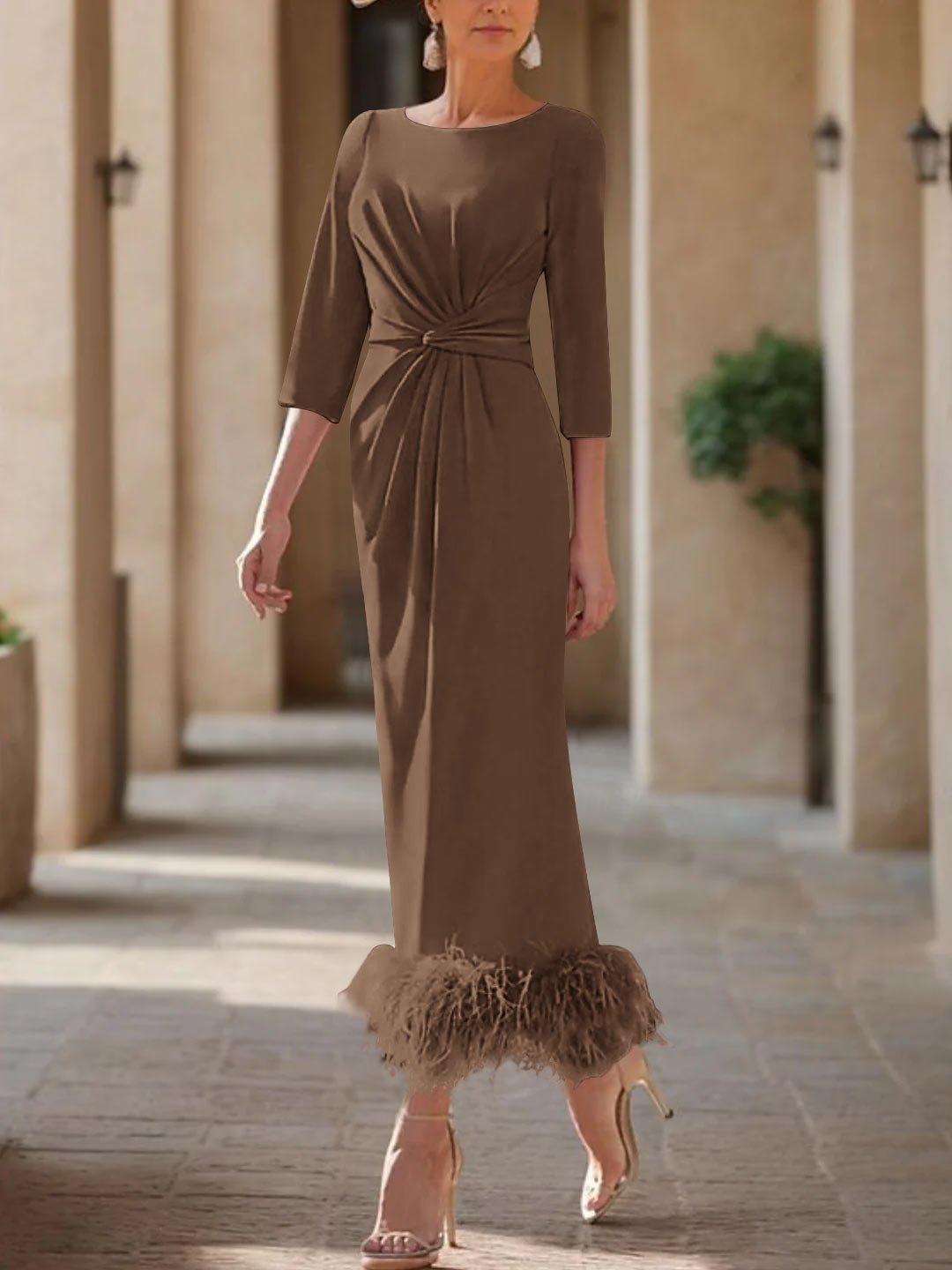 Sheath/Column Scoop Neck Ankle Length Elegant Mother of the Bride & Groom Dresses with Feather