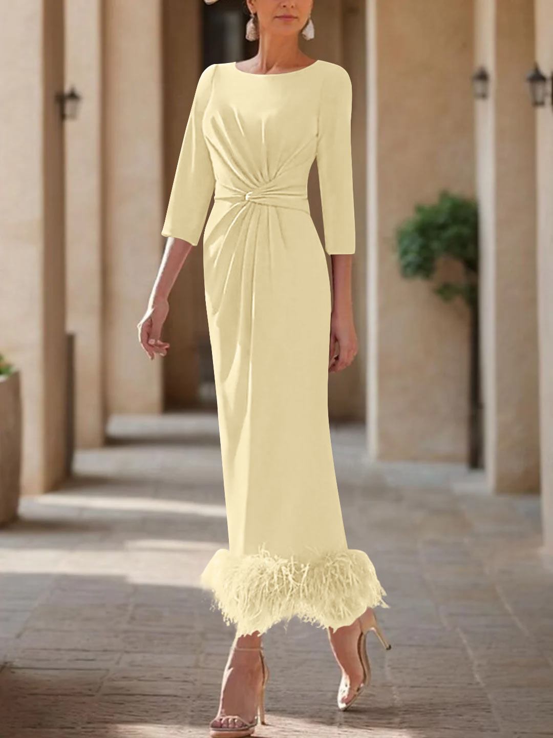 Sheath/Column Scoop Neck Ankle Length Elegant Mother of the Bride & Groom Dresses with Feather